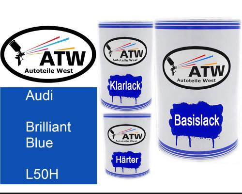 Audi, Brilliant Blue, L50H: 500ml Lackdose + 500ml Klarlack + 250ml Härter - Set, von ATW Autoteile West.